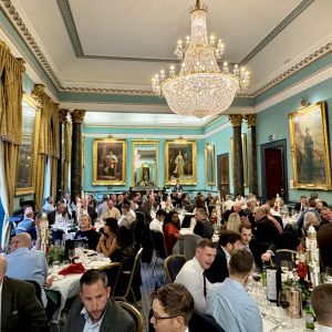 The Institute of Directors dining room prepared for Christmas lunch